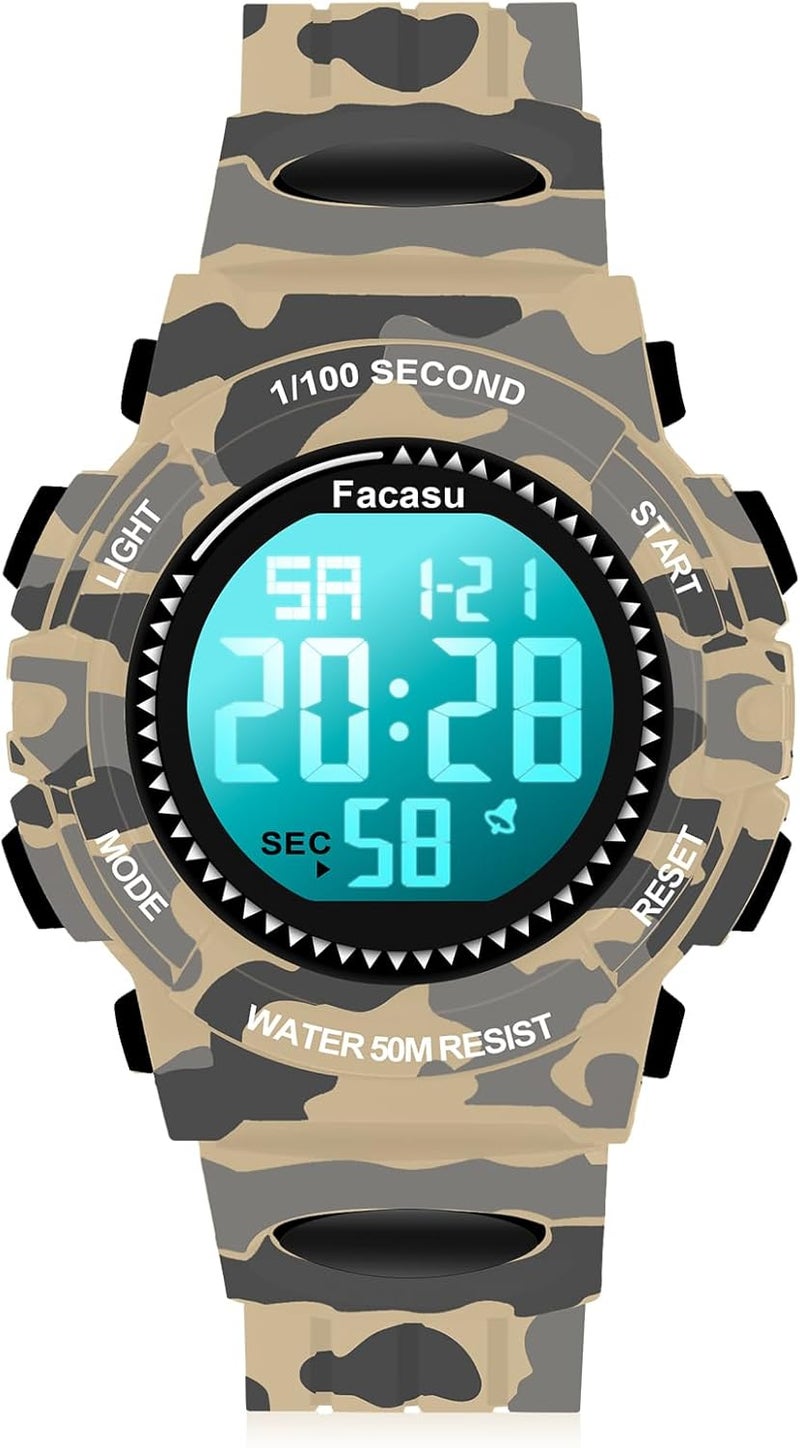 Facasu Store Camo Sports Watch for Boys-Waterproof Kids Digital Watch with Light, Alarm&Snooze,Stopwatch Military Design Silicone Band Gift for Birthdays,Christmas Outdoor Activities(8+ Years) - Image 1